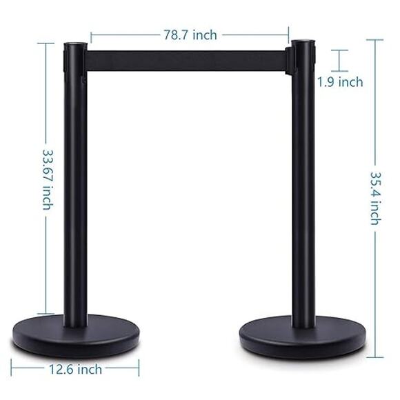 NWT DuraSteel Heavy Duty Black Stanchions w/ 6.5 ft Retractable Belt, 2 Set/Pack - Picture 2 of 6